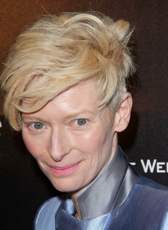 Tilda Swinton's mop top hairstyle with clipped sides