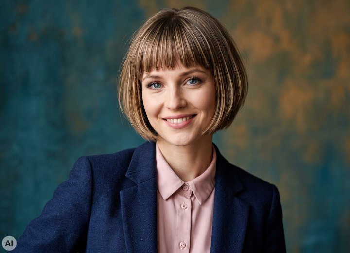 Frau mit einer rosa Bluse, einem dunkelblauen Blazer und einem Bob-Haarschnitt