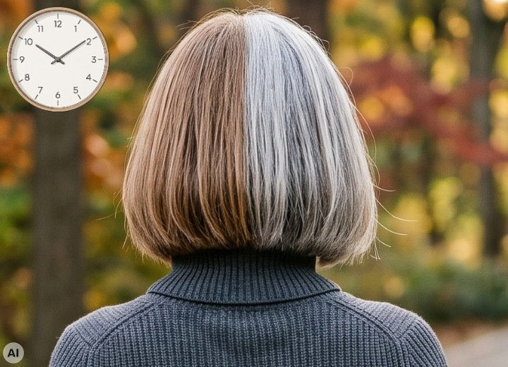 Frau mit Bob-Frisur, vorher und nach dem Ergrauen
