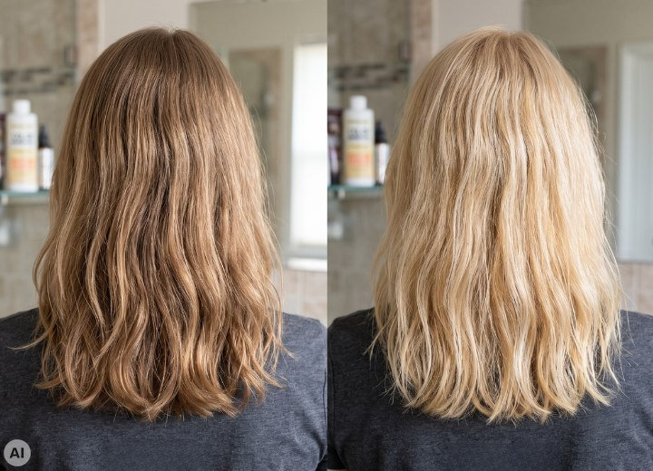 Haare vor und nach der Verwendung eines Farbentferners