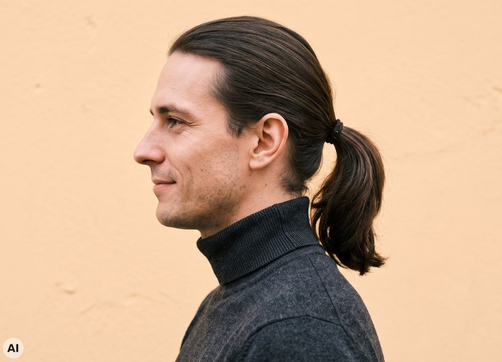 Mann, der seine Haare als Pferdeschwanz trägt
