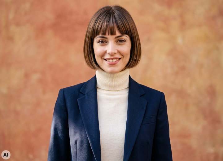 Frau mit einem cremefarbenen Rollkragenpullover und einem dunkelblauen Blazer