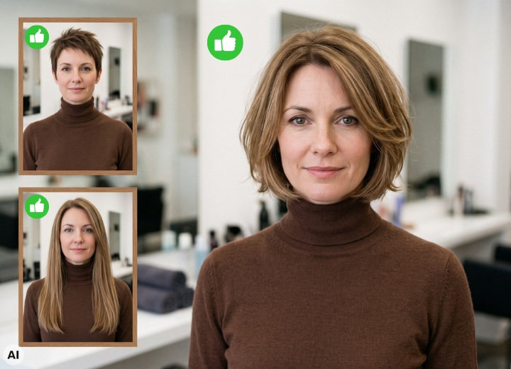 Frau mit einem Rollkragenpullover, um einen langen Hals auszugleichen