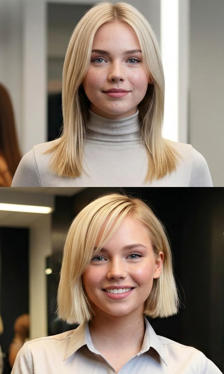 Das Umstyling einer Frau von langen Haaren mit Rollkragenpullover zu einem Bob und einem Hemdblusenkleid