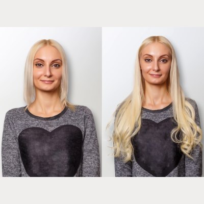 Frau vor und nach Haarverlängerungen