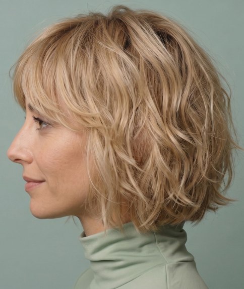 Corte de cabello rubio con muchas capas - Vista lateral
