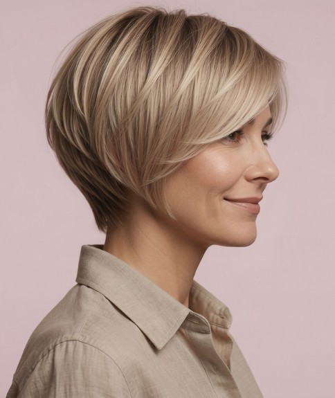 Corte de pelo bob rubio corto con capas - Vista lateral
