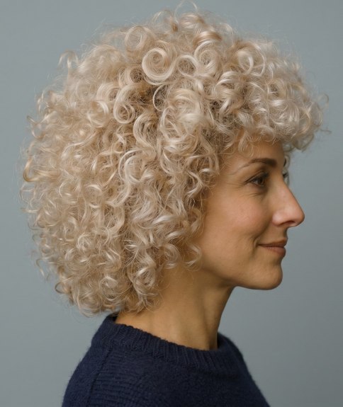 Estilo de cabello rubio rizado - Vista lateral