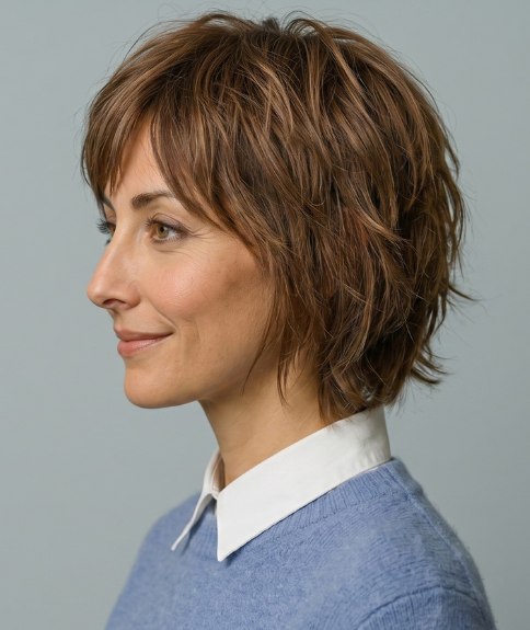 Corte de cabello corto con capas desfiladas - Vista lateral
