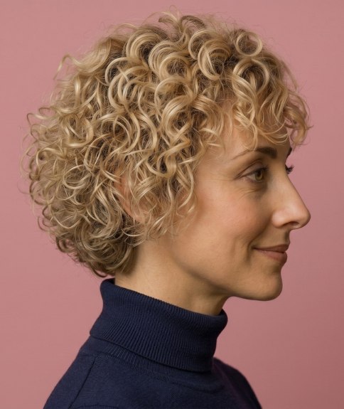 Estilo corto para cabello rubio rizado - Vista lateral