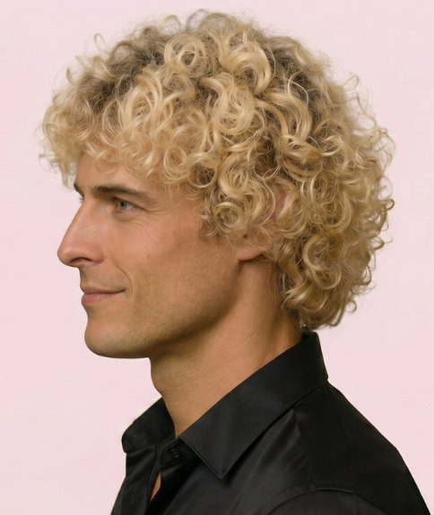 Corte de cabello para hombres con cabello rubio rizado - Vista lateral