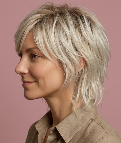 Cabello rubio de largo medio con capas - Vista lateral