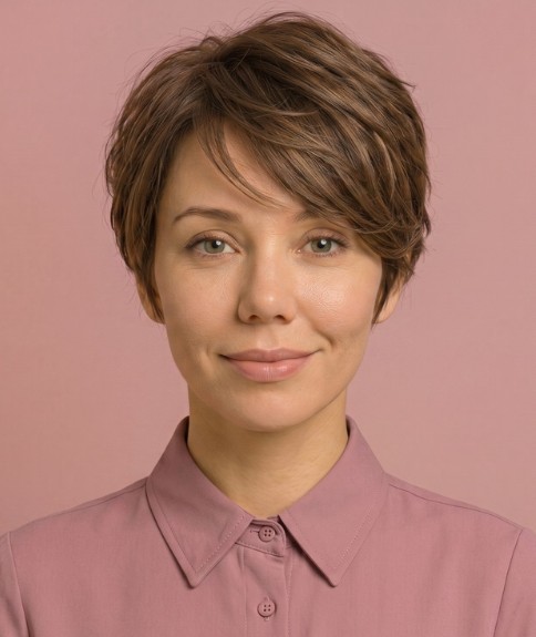 Cabello casta&ntilde;o en un corte pixie moderno con capas