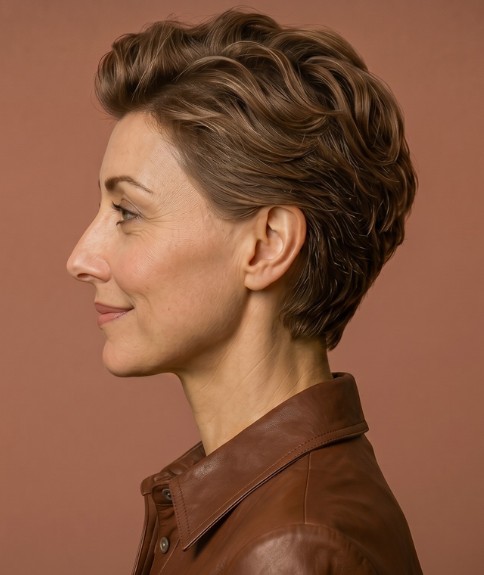 Look de cabello corto y femenino para mujeres ocupadas - Vista lateral