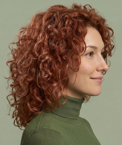 Cabello semilargo con rizos en espiral - Vista lateral
