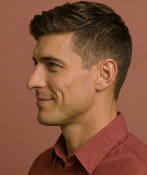 Corte de cabello masculino con l&iacute;neas limpias - Vista lateral