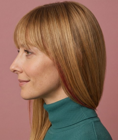 Cabello largo y lacio con capas y flequillo ligero - Vista lateral