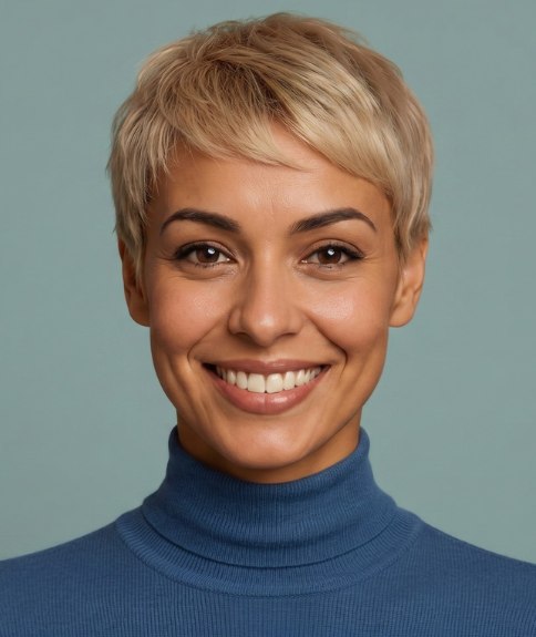 Corte de pelo pixie moderno rubio platino con capas