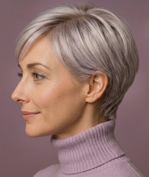 Peinado corto para mujeres con cabello gris - Vista lateral