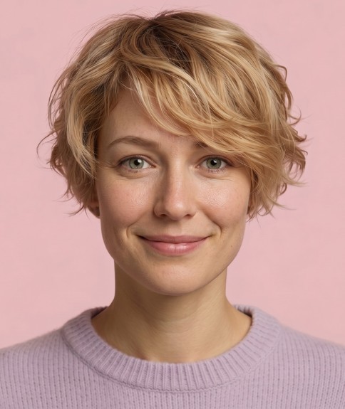 Peinado corto para cabello rubio con reflejos de aspecto natural