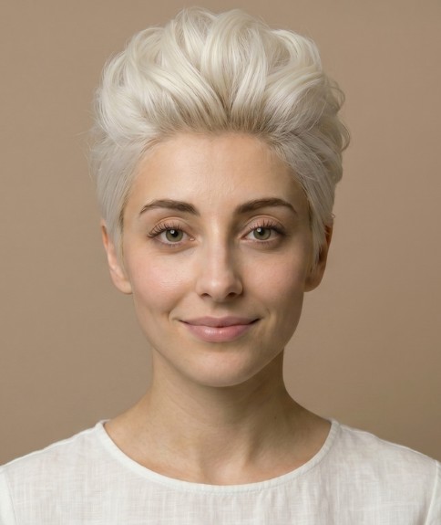 Corte pixie rubio platino con el cabello peinado hacia atr&aacute;s