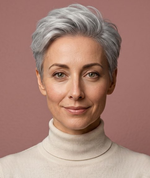 Corte pixie femenino para cabello gris sal y pimienta