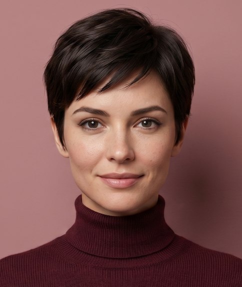 Corte pixie corto pero no demasiado corto con flequillo