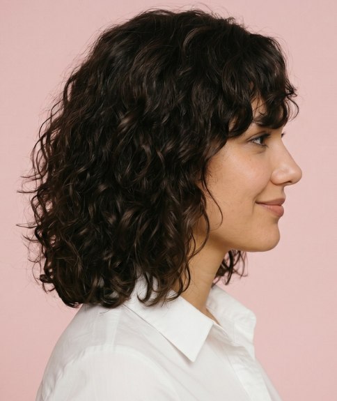 Cabello casta&ntilde;o en un bob largo con rizos