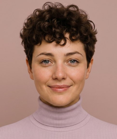 Corte pixie rizado con un suave flequillo femenino