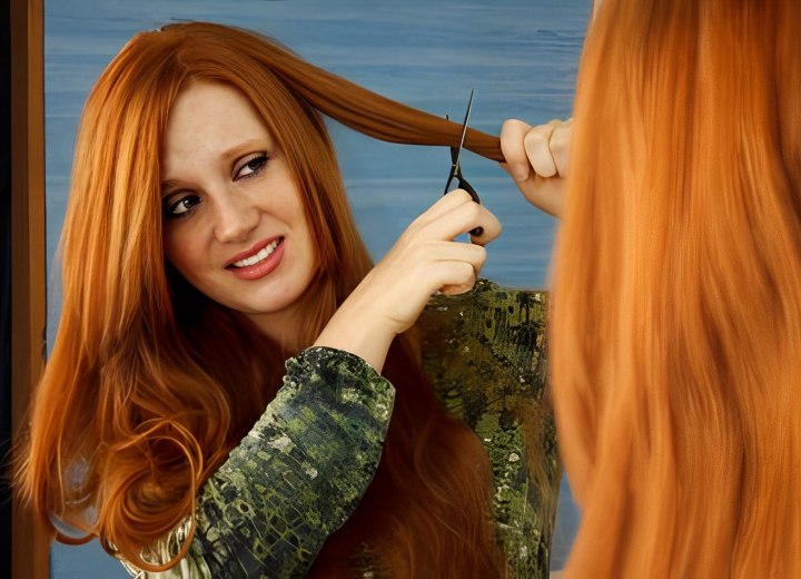 Mujer que corta su propio cabello