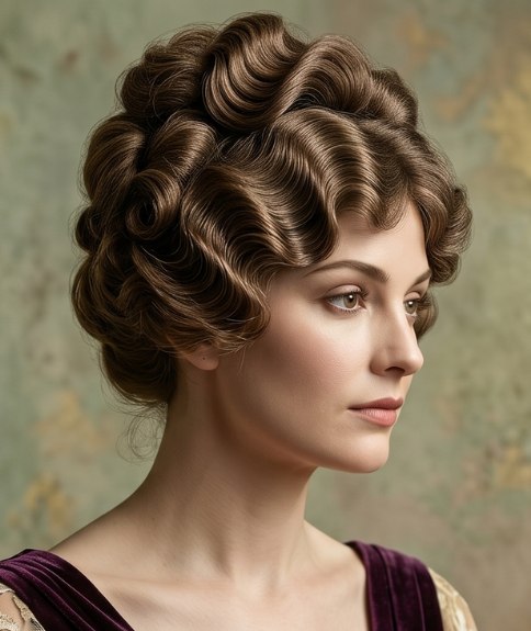 Coiffure vintage de 1914 avec ondulations