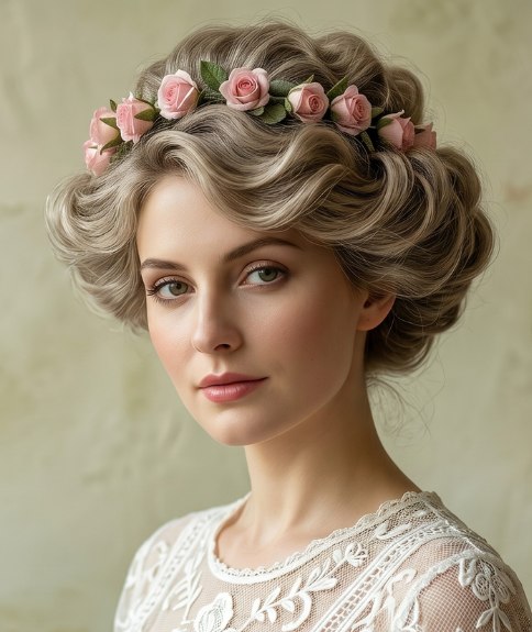 Chignon orn&eacute; d&rsquo;une couronne de petites roses