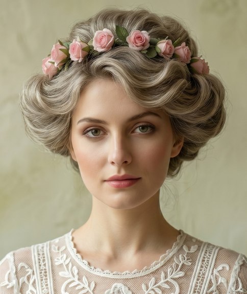 Coiffure de 1919 avec une couronne de petites roses