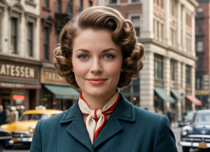 Coiffure des années 1950 avec boucles épinglées