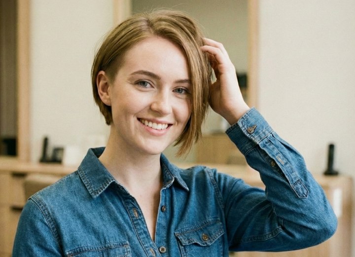 Femme portant une coupe carré court asymétrique