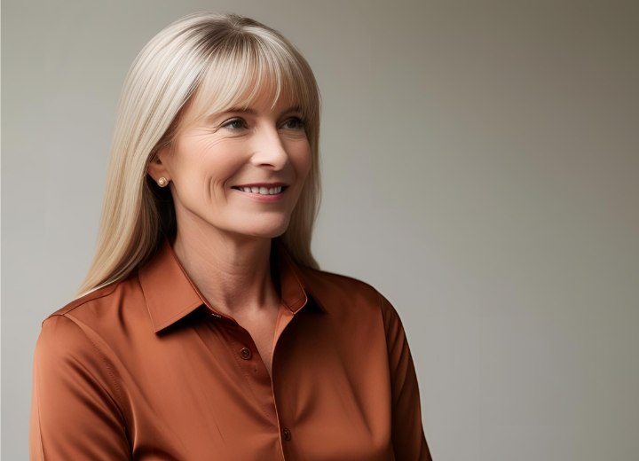 Femme plus âgée aux cheveux longs et blonds, raides