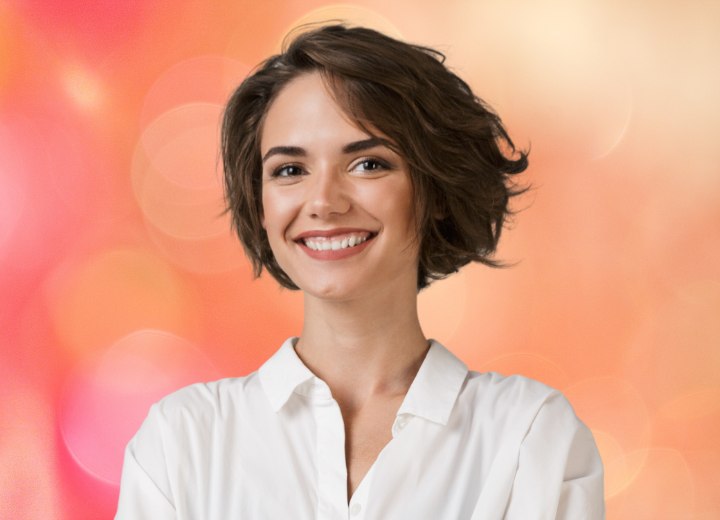 Femme aux cheveux courts portant un chemisier blanc