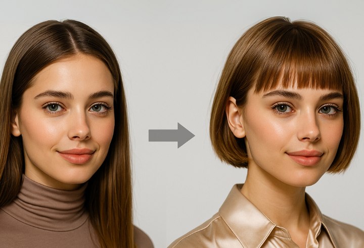 Transformation de cheveux longs en carré court