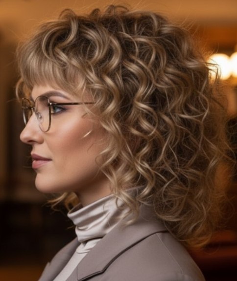 Coupe mi-longue boucl&eacute;e inspir&eacute; des ann&eacute;es 1970 &ndash; Vue de c&ocirc;t&eacute;