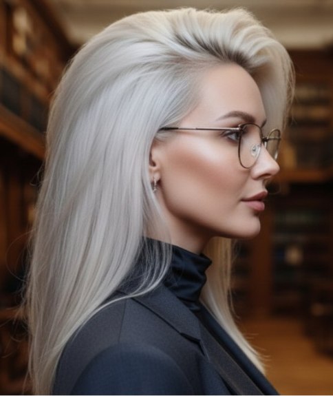 Coiffure longue, lisse et uniforme blond platine &ndash; Vue de c&ocirc;t&eacute;
