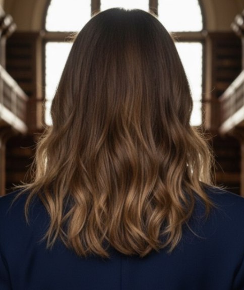 Cheveux longs bruns m&eacute;ch&eacute;s &ndash; Vue de dos