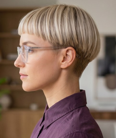 Cheveux tr&egrave;s courts blond platine, associ&eacute;s &agrave; des lunettes