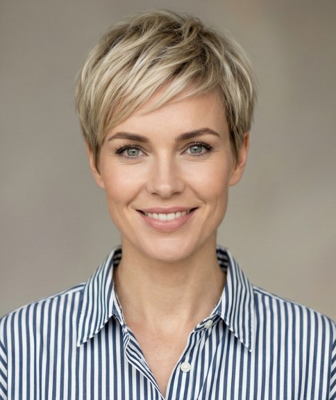 Femme aux cheveux courts associ&eacute;e &agrave; une chemise oversize masculine