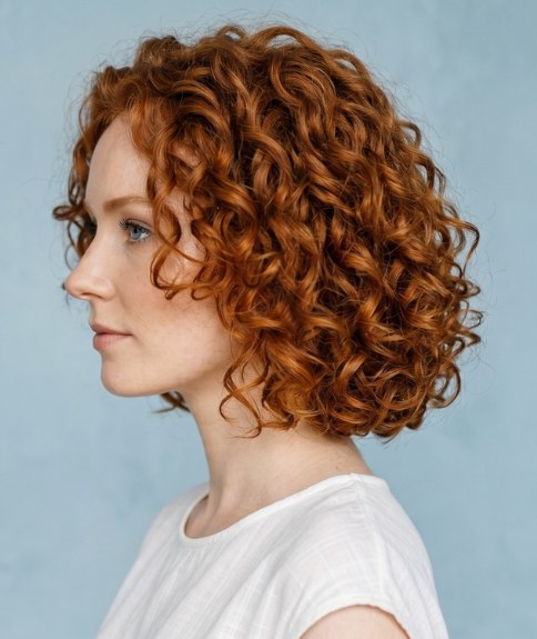 Cheveux roux boucl&eacute;s en coupe au carr&eacute;