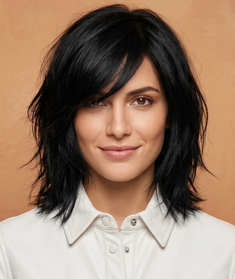 Cheveux noirs mi-longs avec une frange sur le c&ocirc;t&eacute;