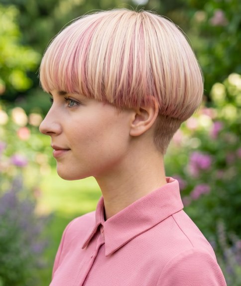 Cheveux blonds courts avec des reflets roses