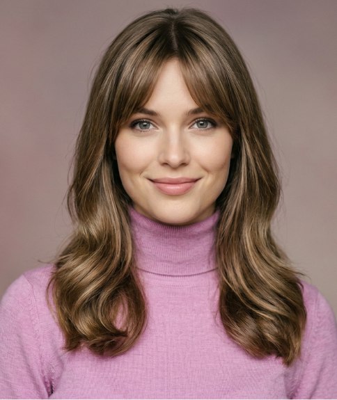 Coiffure longue et souple, associ&eacute;e &agrave; un pull &agrave; col roul&eacute;
