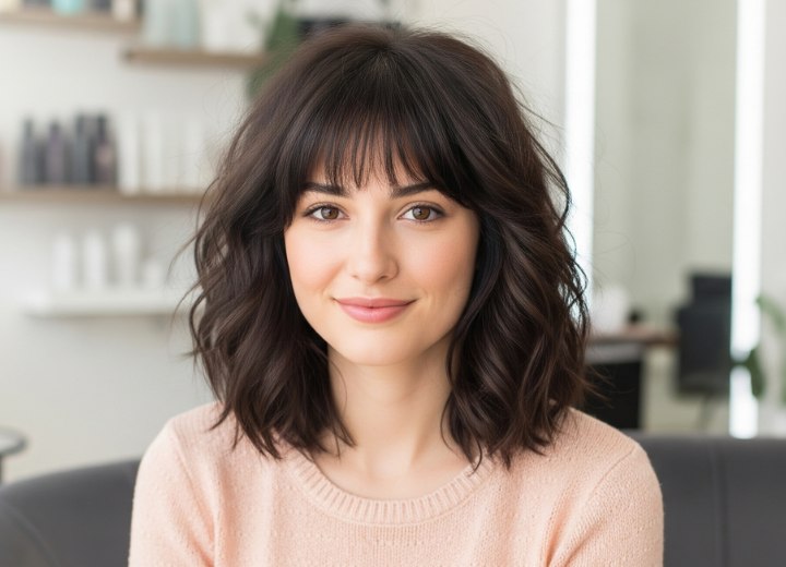 Coupe mi-longue avec dégradé et frange
