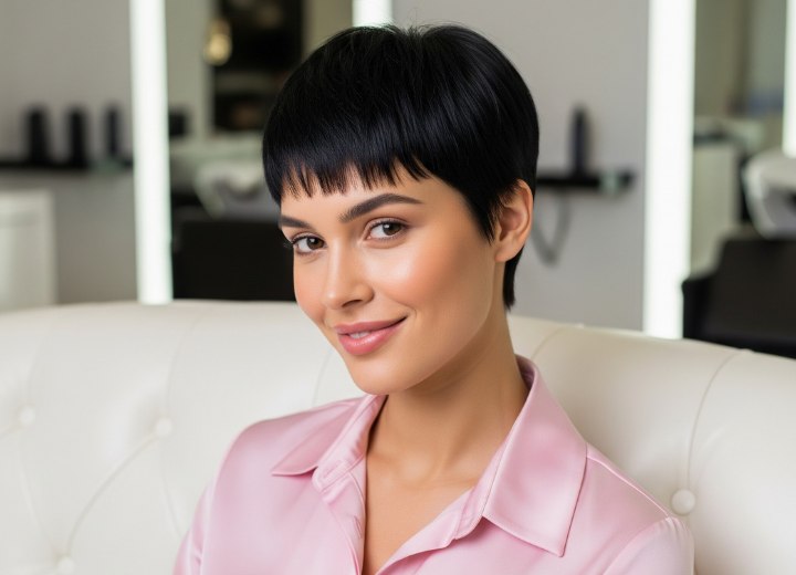 Pixie brun foncé avec frange courte