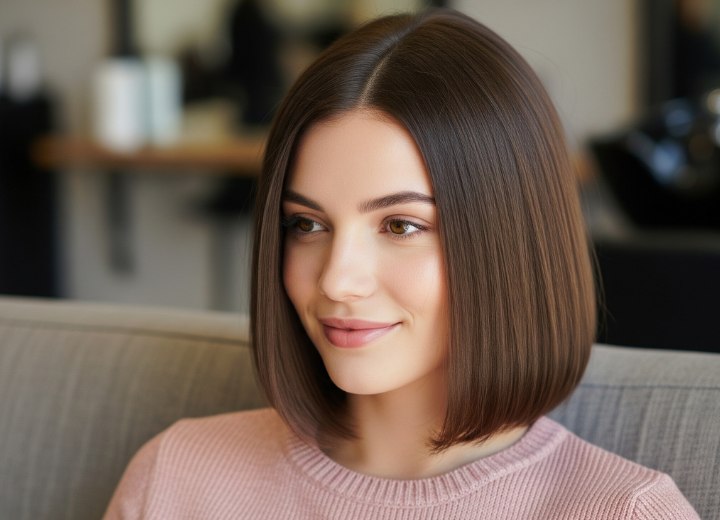 Carré long et lisse brun avec raie au milieu
